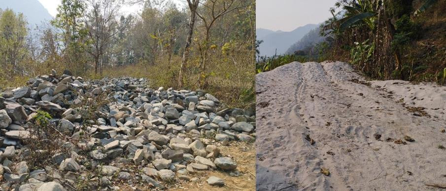 गोरखा शहिद लखनको ठेउवाटारमा त्रिशुलीबाट अवैध उत्खनन् गरी लुकाएको अवस्थामा ढुङ्गा र बालुवा फेला